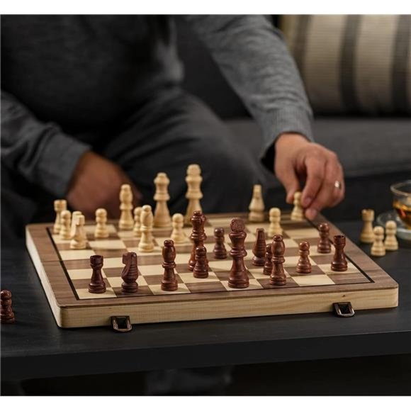 15" Wooden Chess Sets - Chess & Checkers Board Game | with 2 Extra Queens - Picture 4 of 7